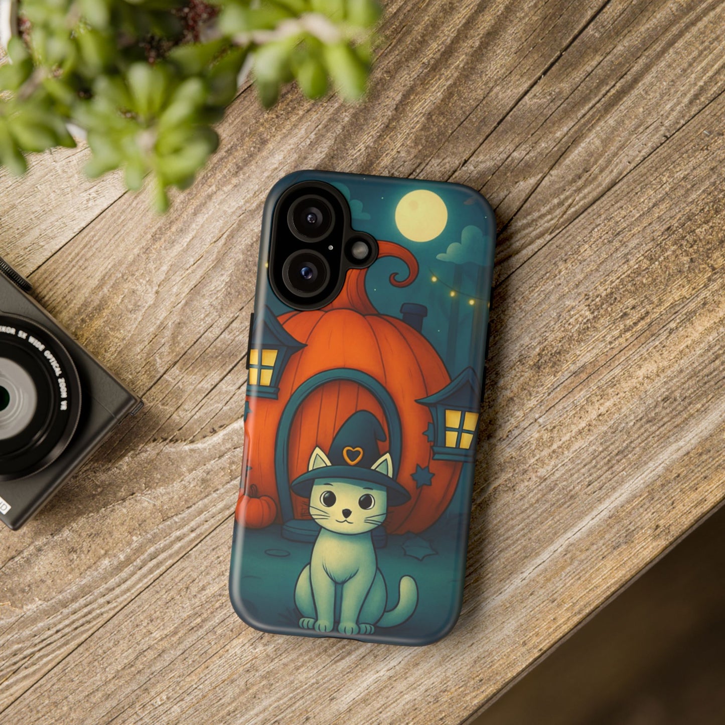 Spooky Halloween Cat Phone Case with Witch Hat and Pumpkin Design for iPhone and Android