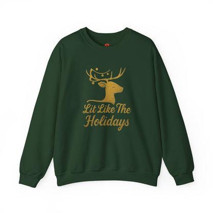 Christmas Sweatshirt "Lit Like The Holidays" – Reindeer Graphic Fleece Pullover, Festive Winter Gift