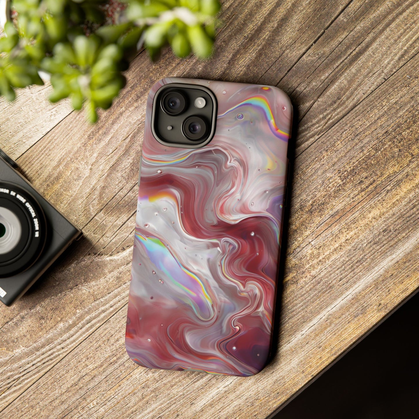Abstract Swirl iPhone Case – Red & Holographic Marble Design - Durable & Stylish Cover