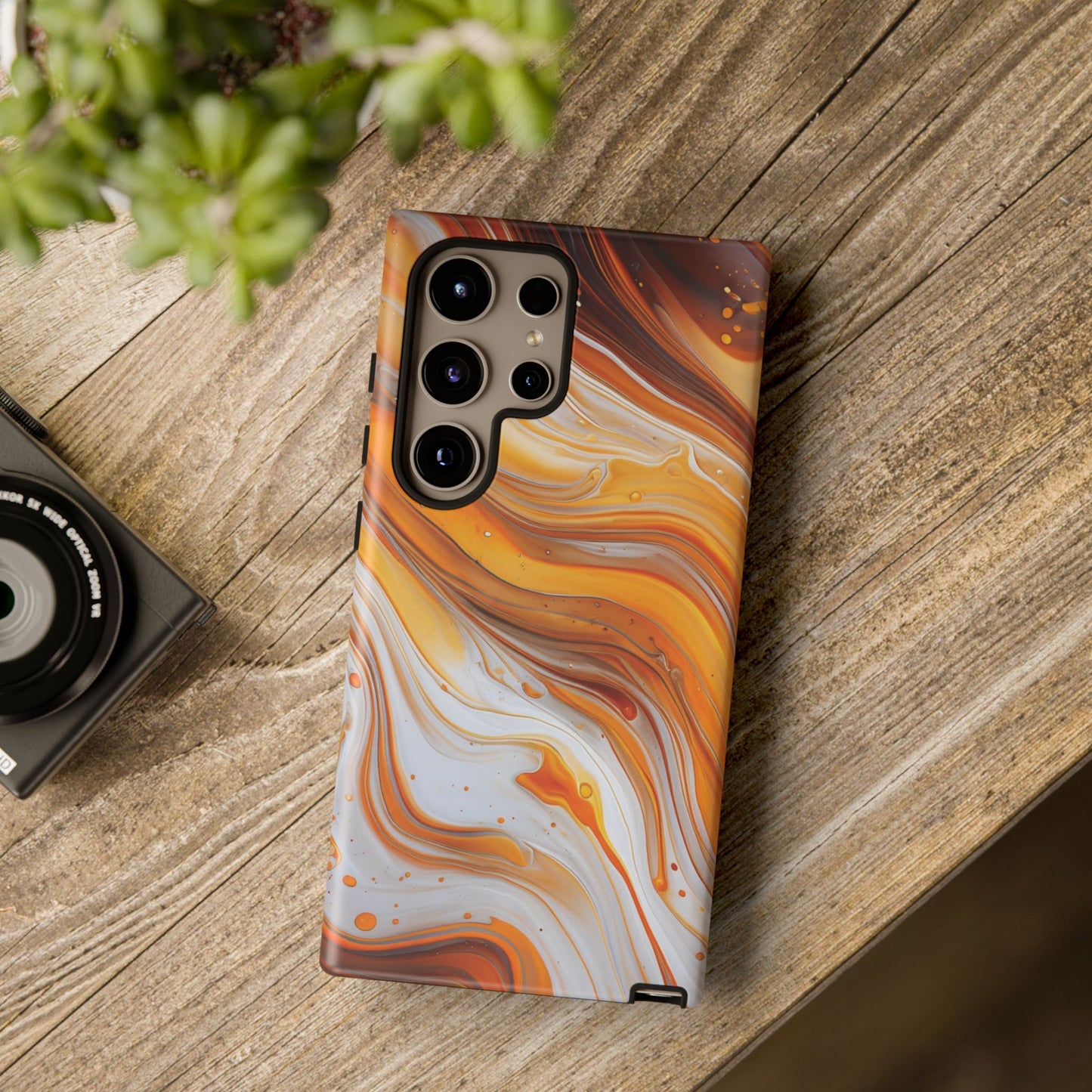 Artistic Swirl Phone Case – Orange, White & Brown Marble Texture