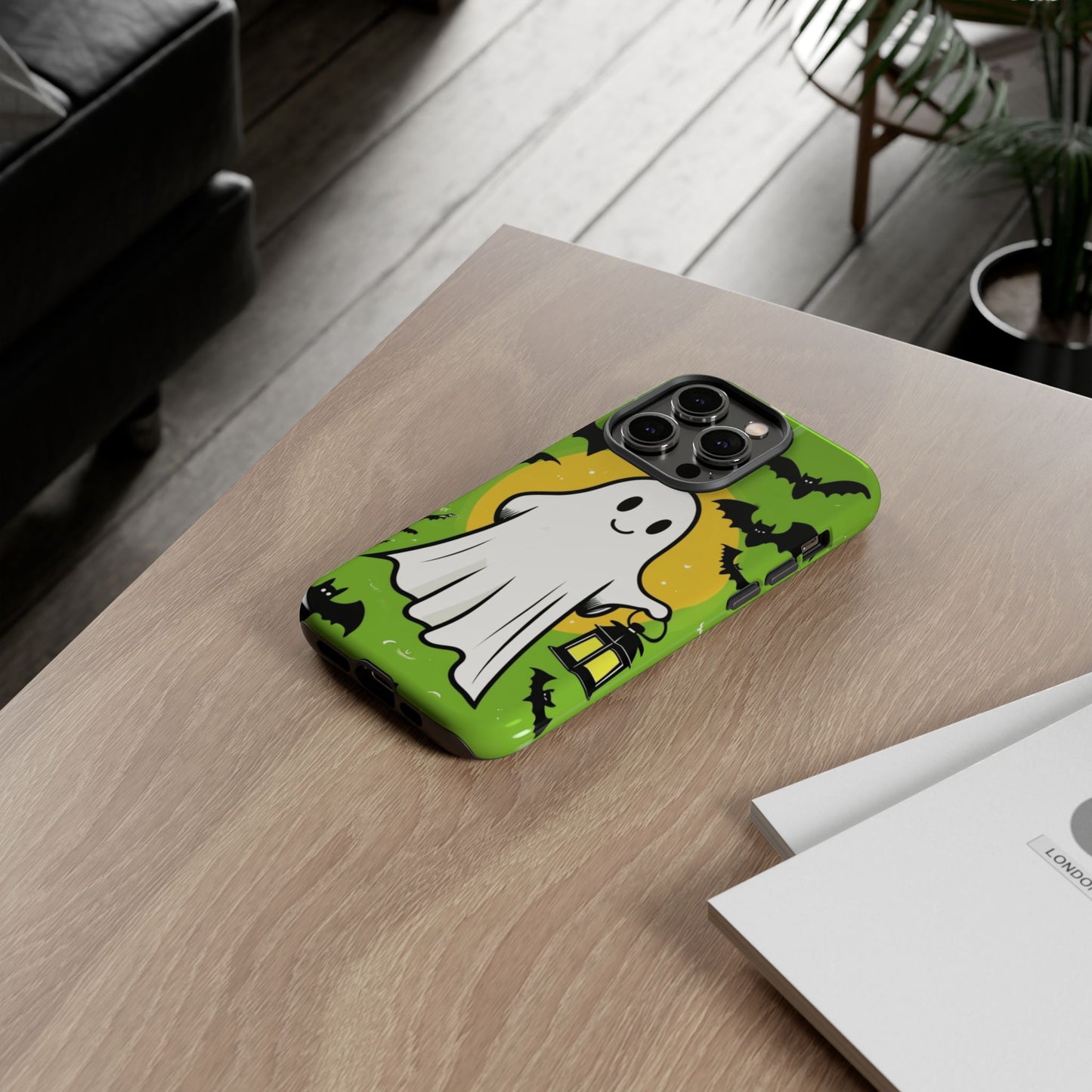 Cute Halloween Ghost Phone Case with Bats and Lantern – Perfect for Spooky Season