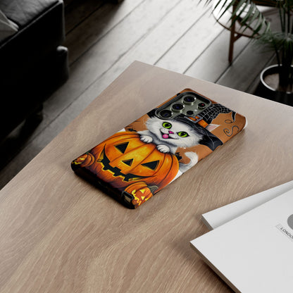 Halloween Cat Phone Case – Spooky Cute Cover with Witch Hat & Pumpkin Design