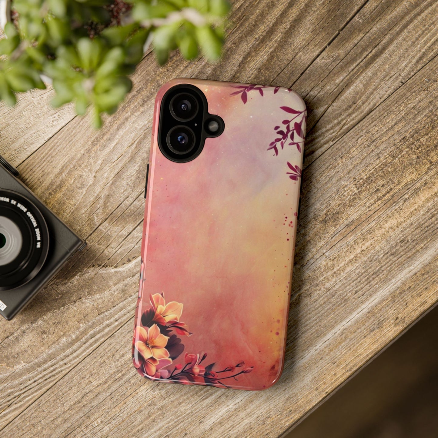 Watercolor Floral Phone Case - Pink Orange Gradient iPhone Cover - Botanical Art Protection