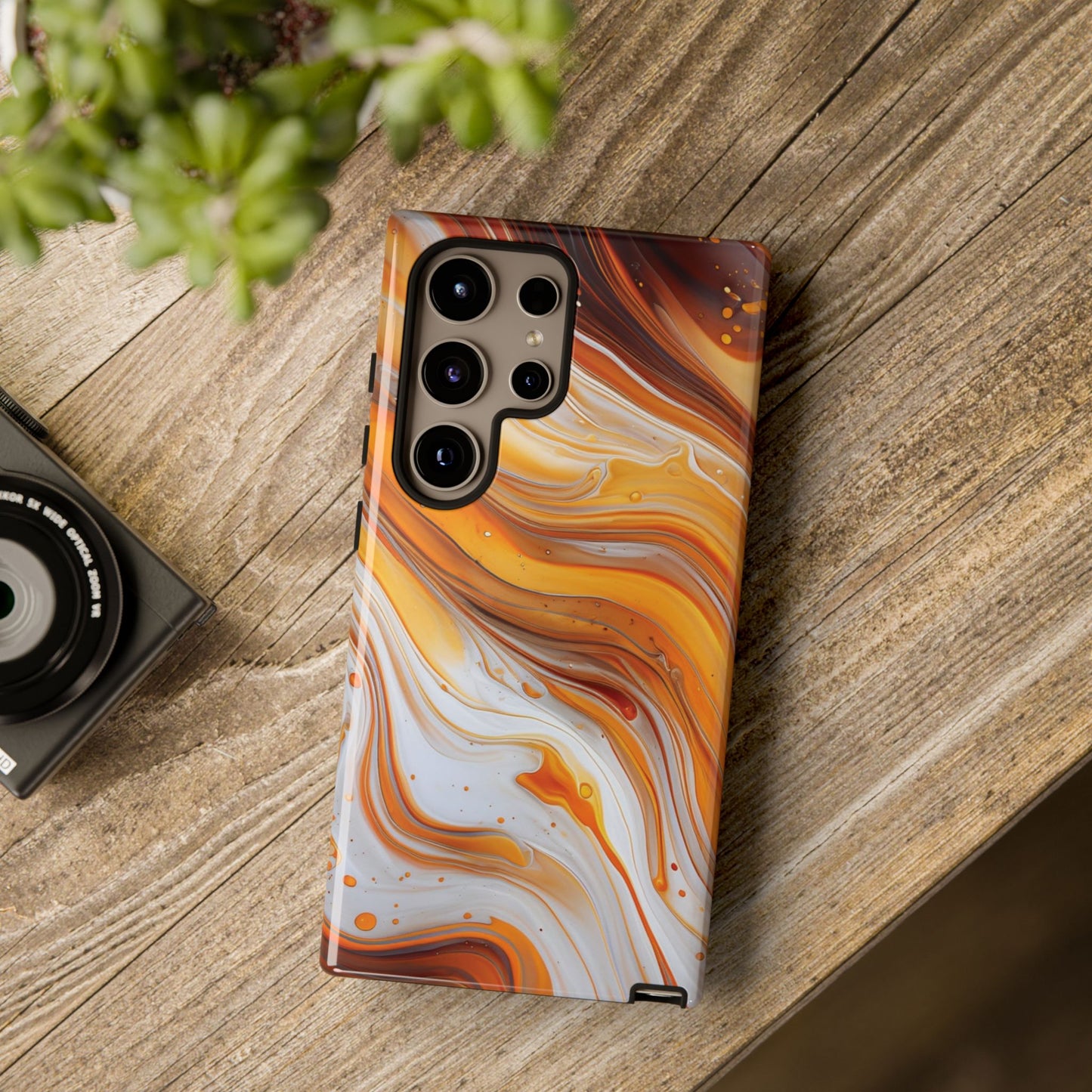 Artistic Swirl Phone Case – Orange, White & Brown Marble Texture