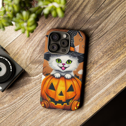 Halloween Cat Phone Case – Spooky Cute Cover with Witch Hat & Pumpkin Design