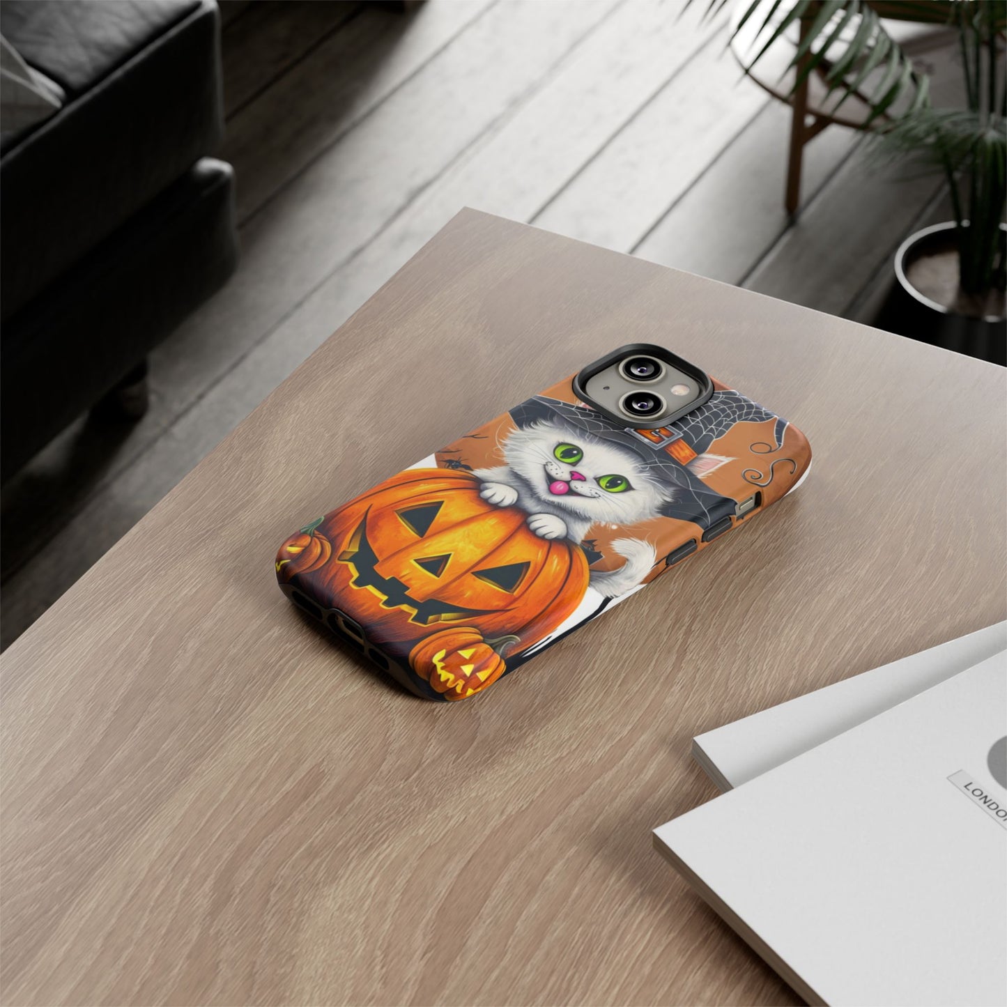 Halloween Cat Phone Case – Spooky Cute Cover with Witch Hat & Pumpkin Design