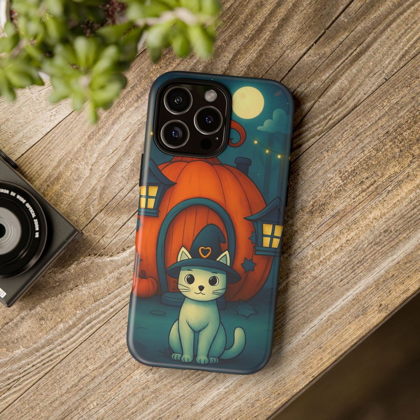 Spooky Halloween Cat Phone Case with Witch Hat and Pumpkin Design for iPhone and Android