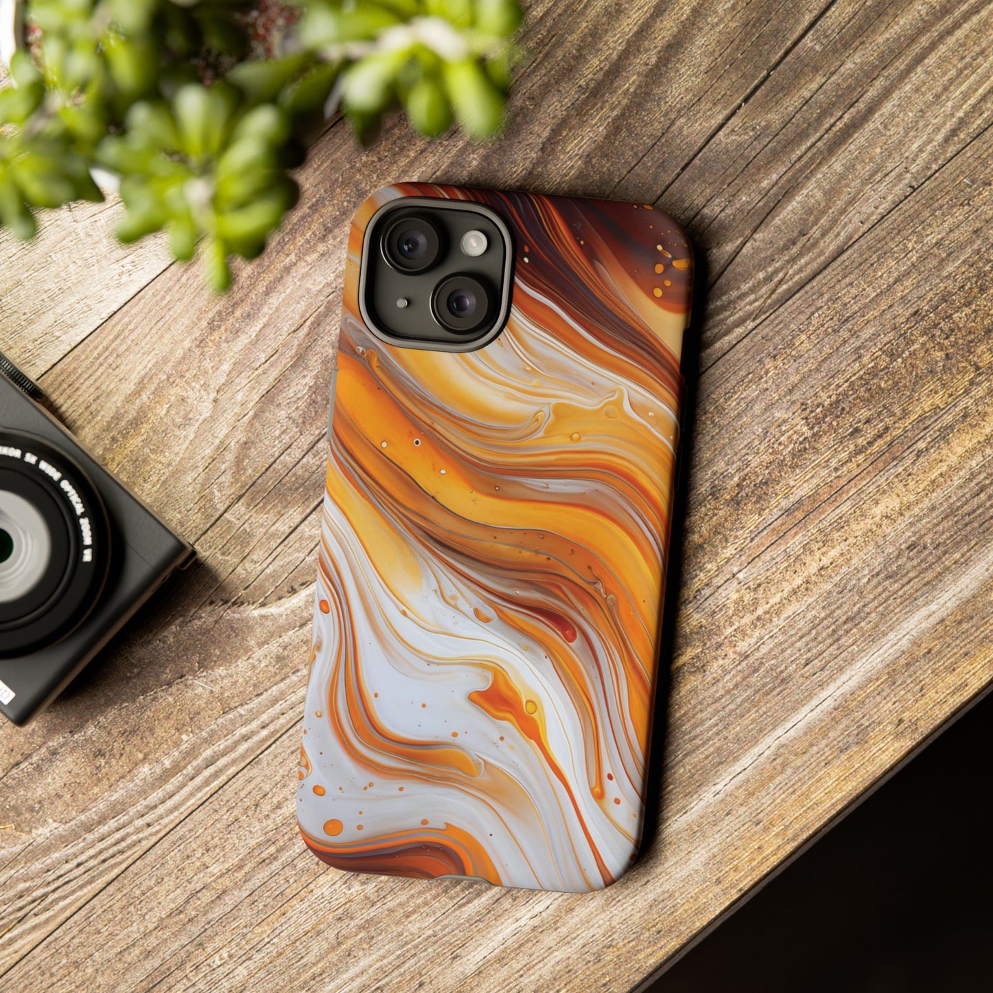 Artistic Swirl Phone Case – Orange, White & Brown Marble Texture