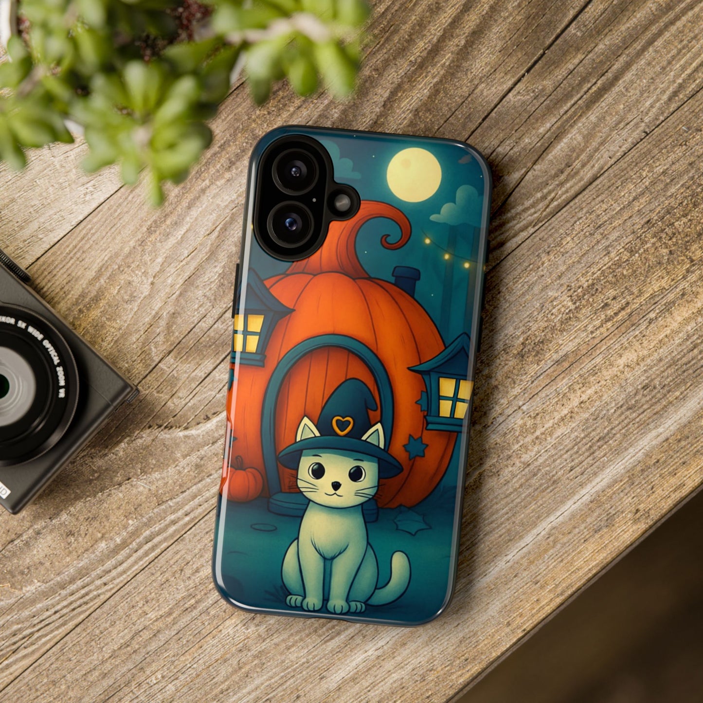 Spooky Halloween Cat Phone Case with Witch Hat and Pumpkin Design for iPhone and Android