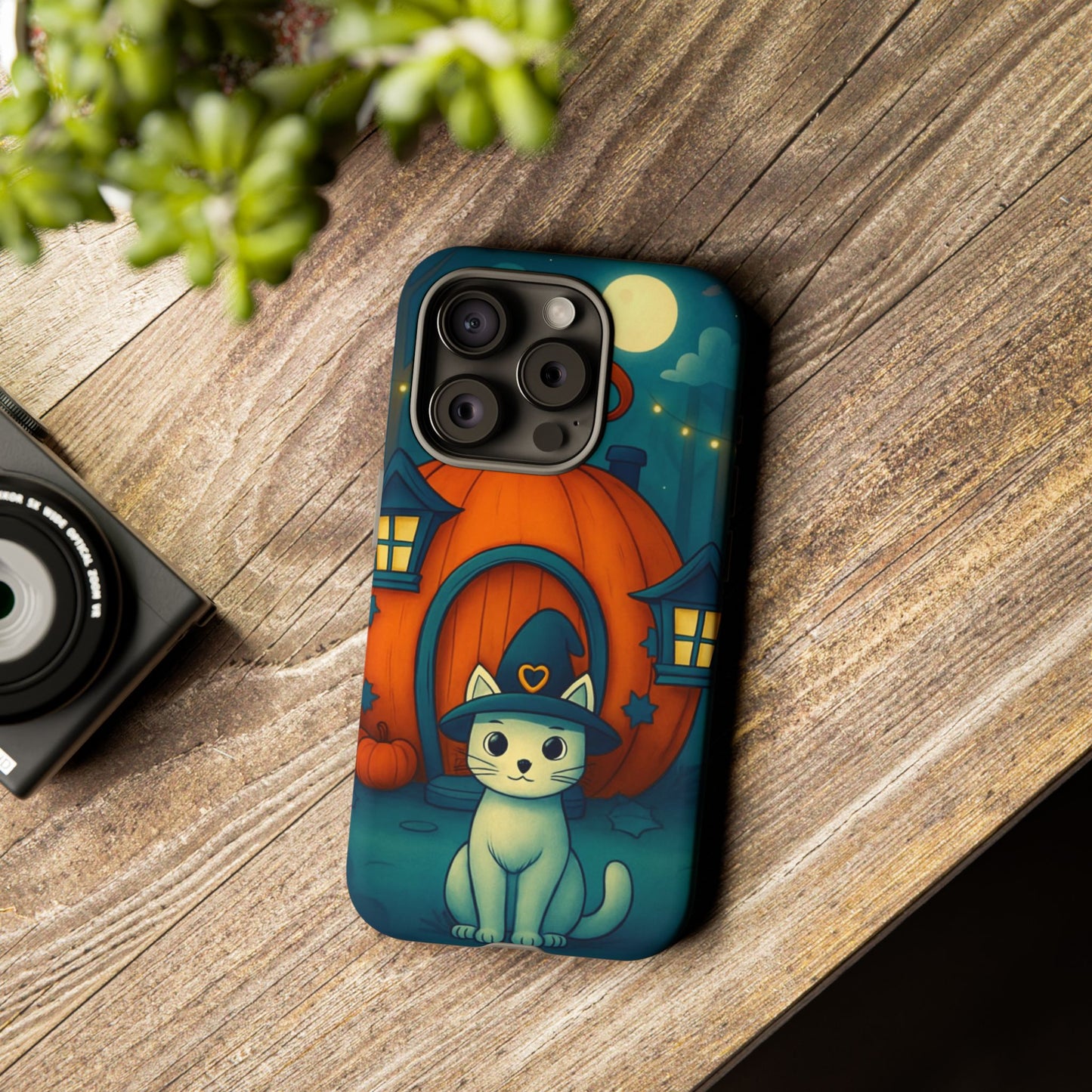Spooky Halloween Cat Phone Case with Witch Hat and Pumpkin Design for iPhone and Android