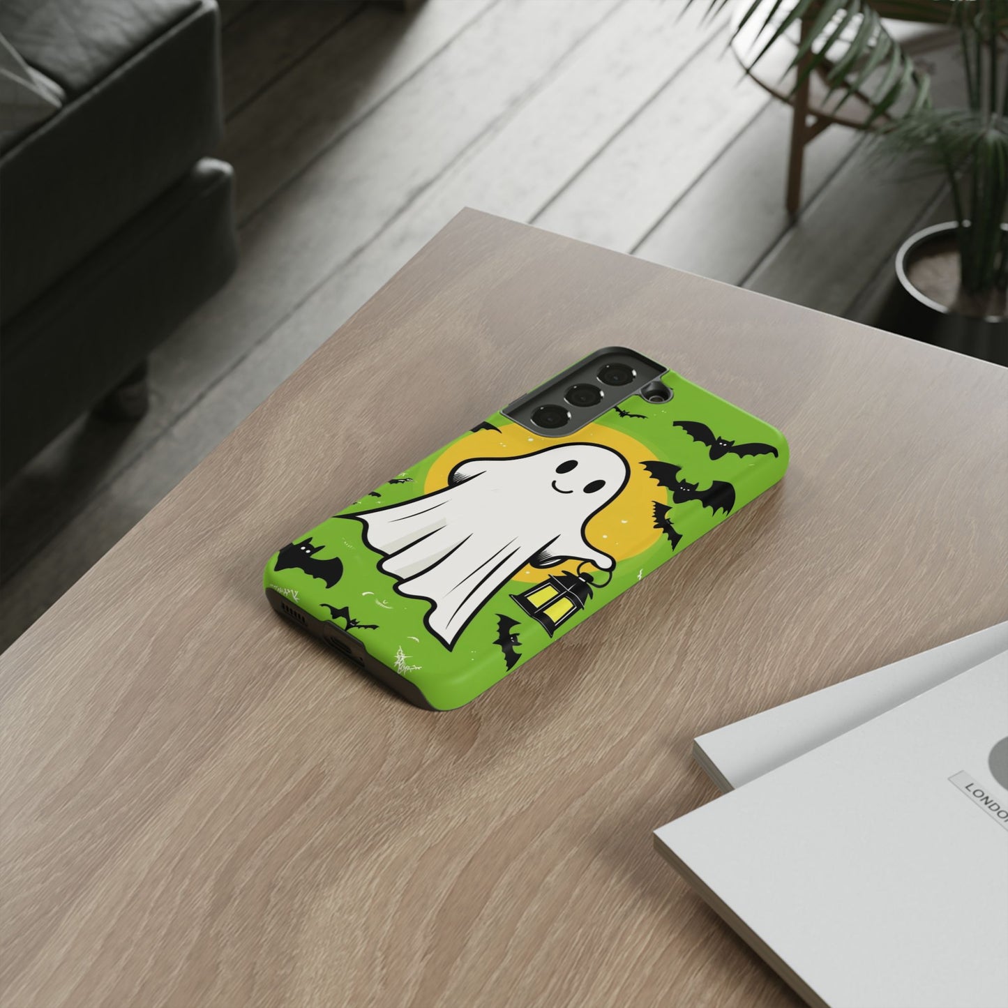 Cute Halloween Ghost Phone Case with Bats and Lantern – Perfect for Spooky Season
