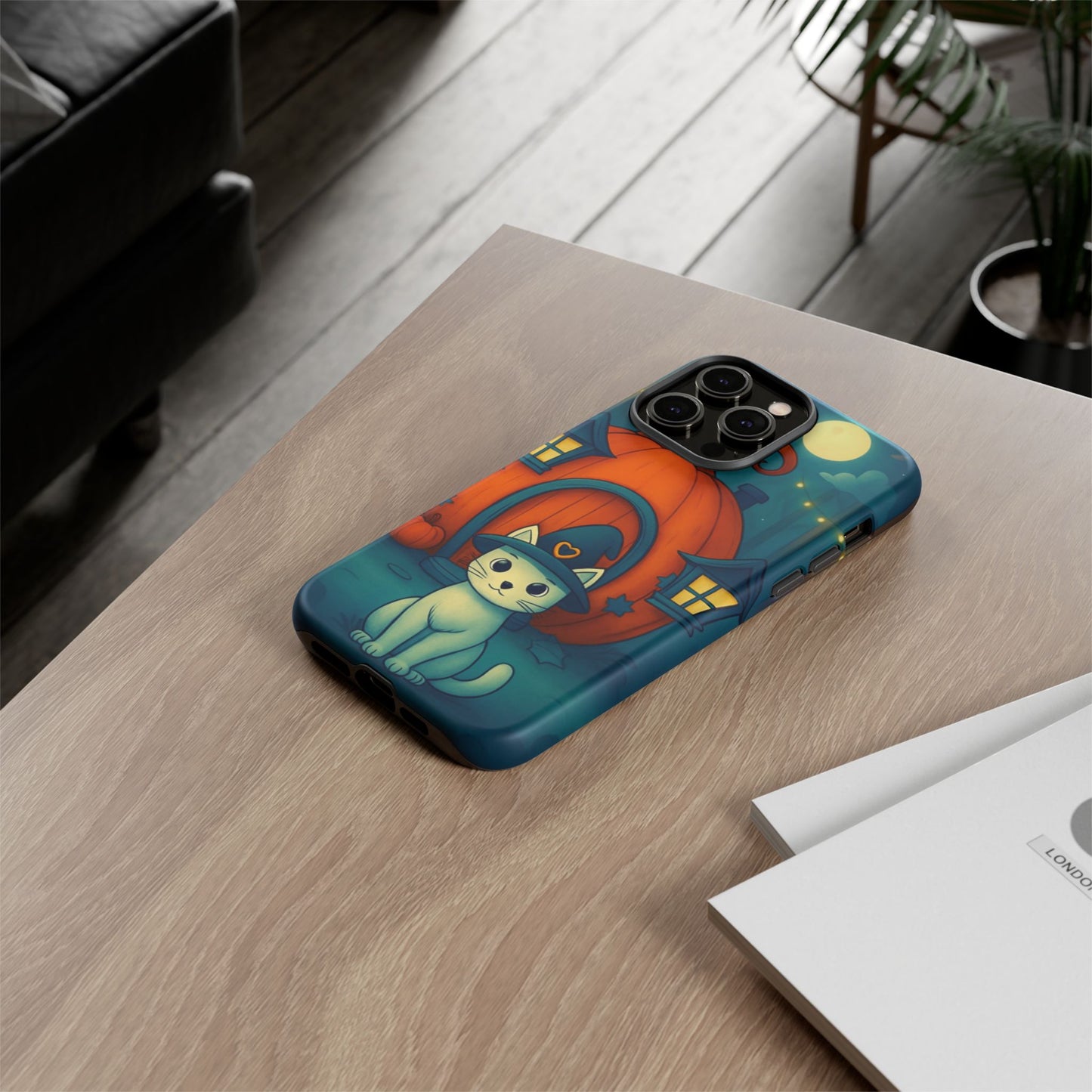 Spooky Halloween Cat Phone Case with Witch Hat and Pumpkin Design for iPhone and Android