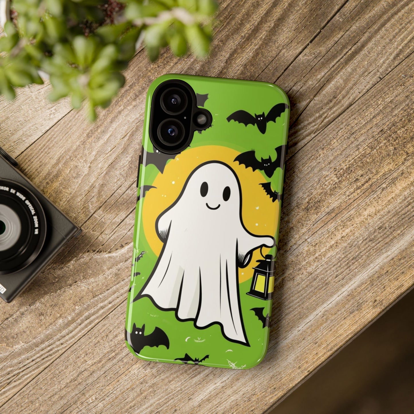 Cute Halloween Ghost Phone Case with Bats and Lantern – Perfect for Spooky Season