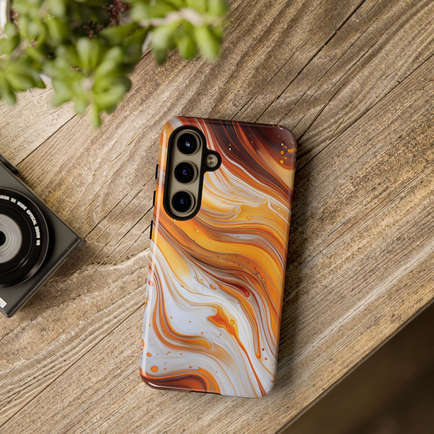 Artistic Swirl Phone Case – Orange, White & Brown Marble Texture