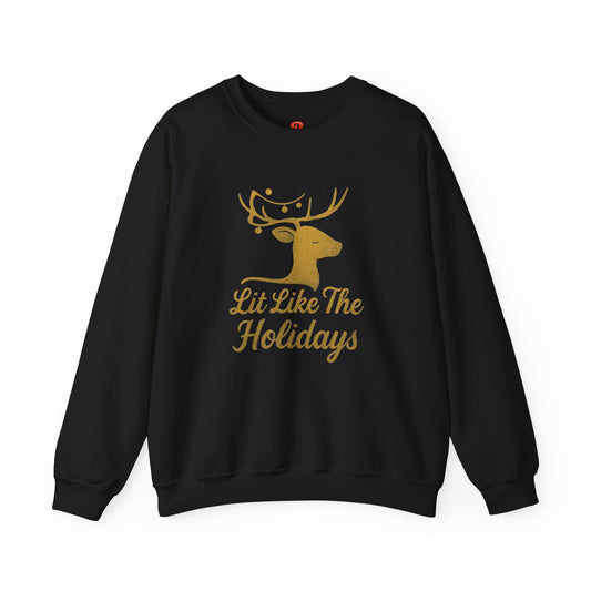 Christmas Sweatshirt "Lit Like The Holidays" – Reindeer Graphic Fleece Pullover, Festive Winter Gift