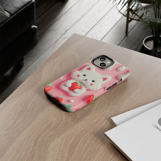 Adorable Cat Phone Case – Pink with Strawberry Design