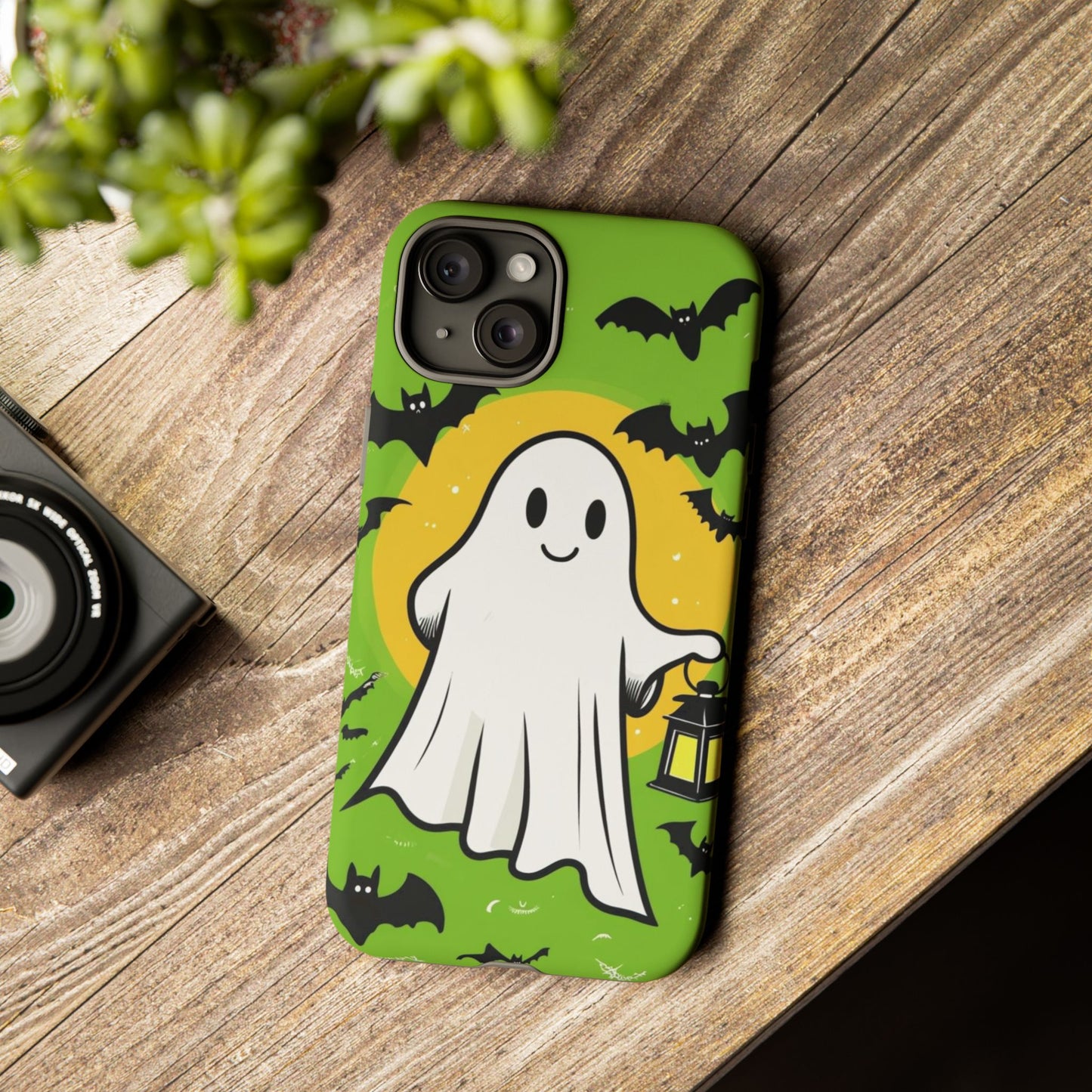 Cute Halloween Ghost Phone Case with Bats and Lantern – Perfect for Spooky Season