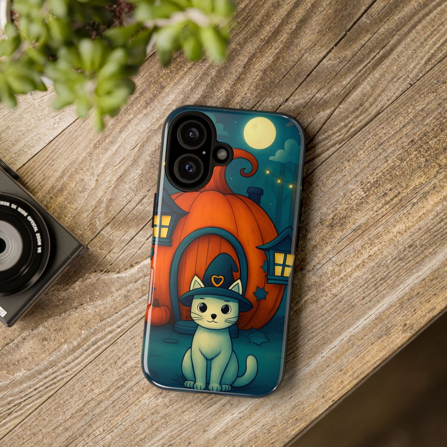Spooky Halloween Cat Phone Case with Witch Hat and Pumpkin Design for iPhone and Android