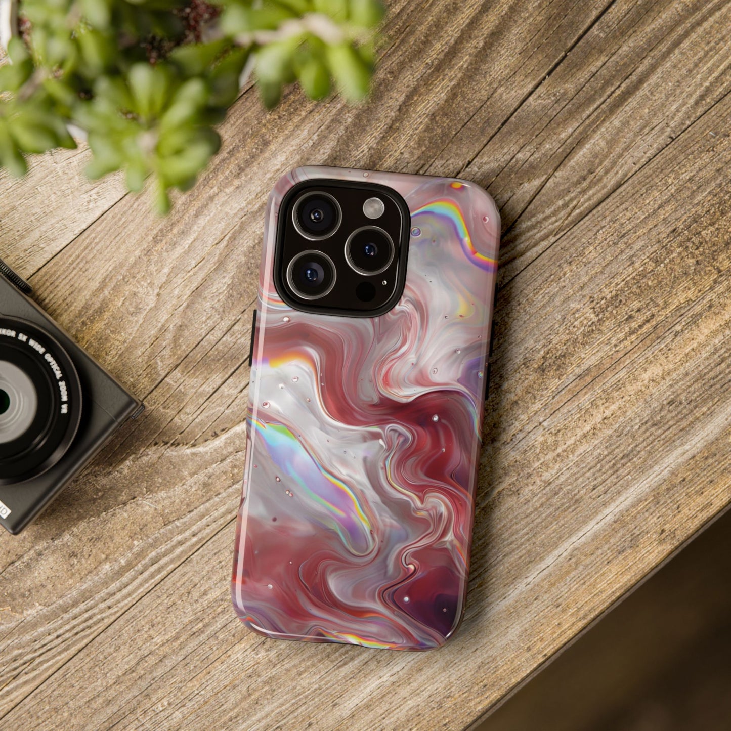 Abstract Swirl iPhone Case – Red & Holographic Marble Design - Durable & Stylish Cover
