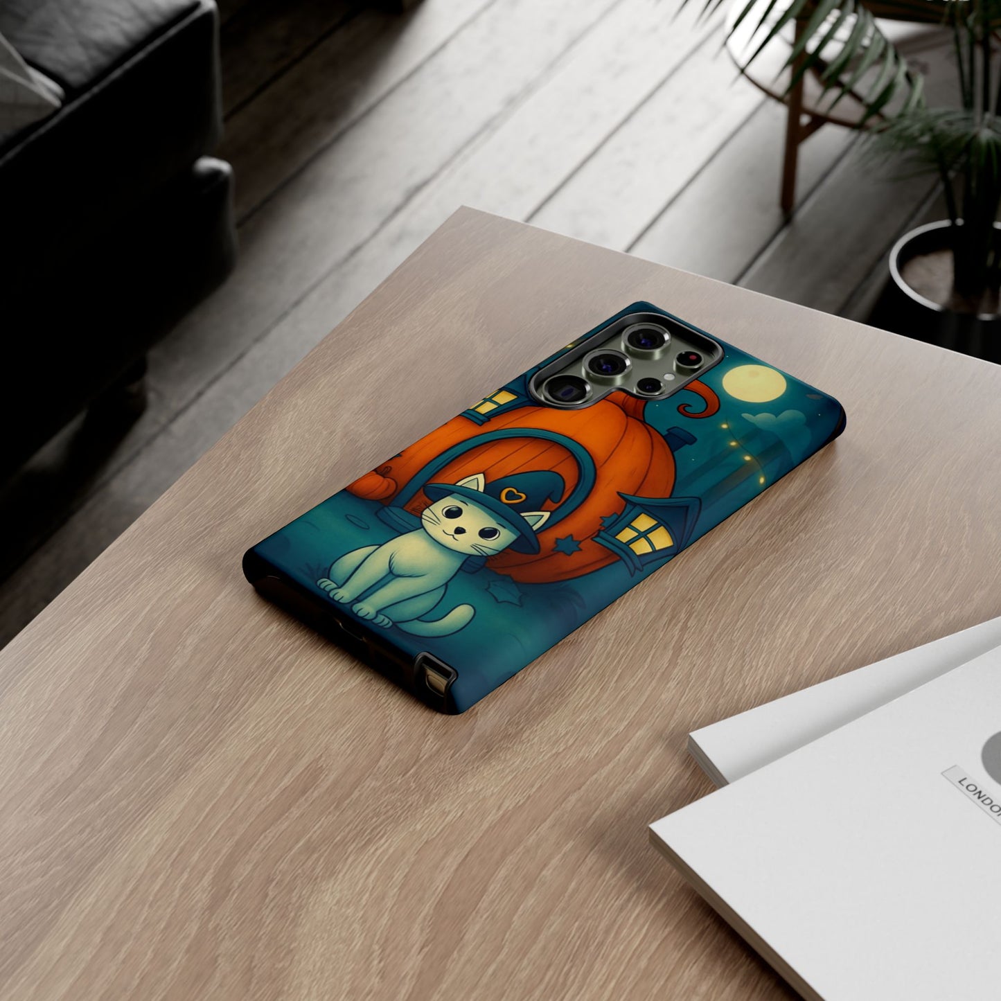 Spooky Halloween Cat Phone Case with Witch Hat and Pumpkin Design for iPhone and Android