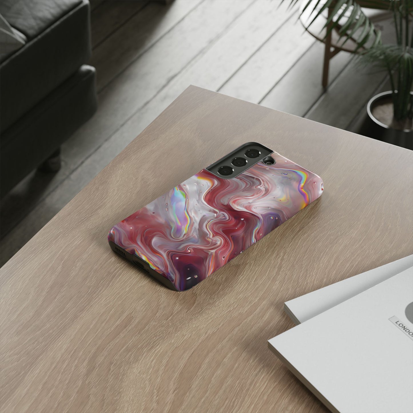 Abstract Swirl iPhone Case – Red & Holographic Marble Design - Durable & Stylish Cover