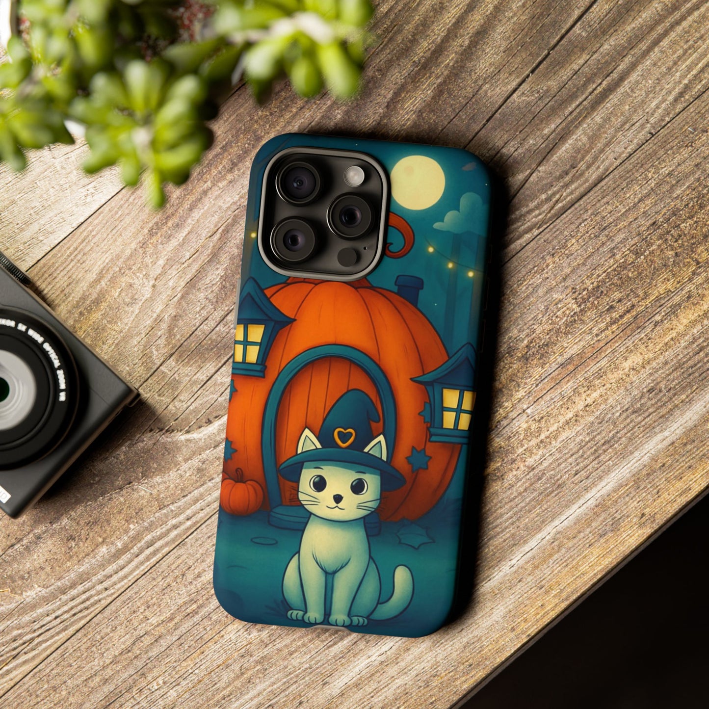 Spooky Halloween Cat Phone Case with Witch Hat and Pumpkin Design for iPhone and Android