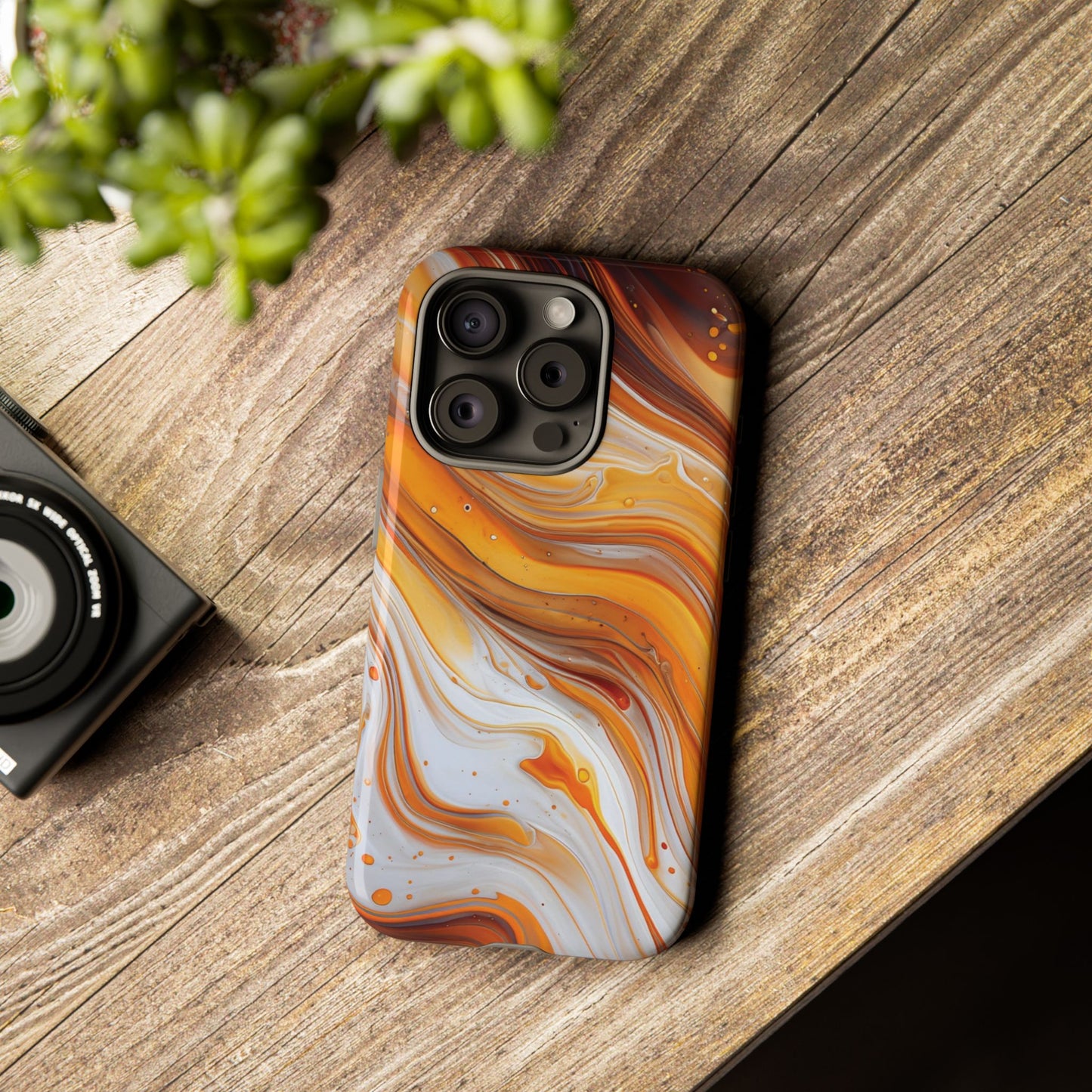 Artistic Swirl Phone Case – Orange, White & Brown Marble Texture