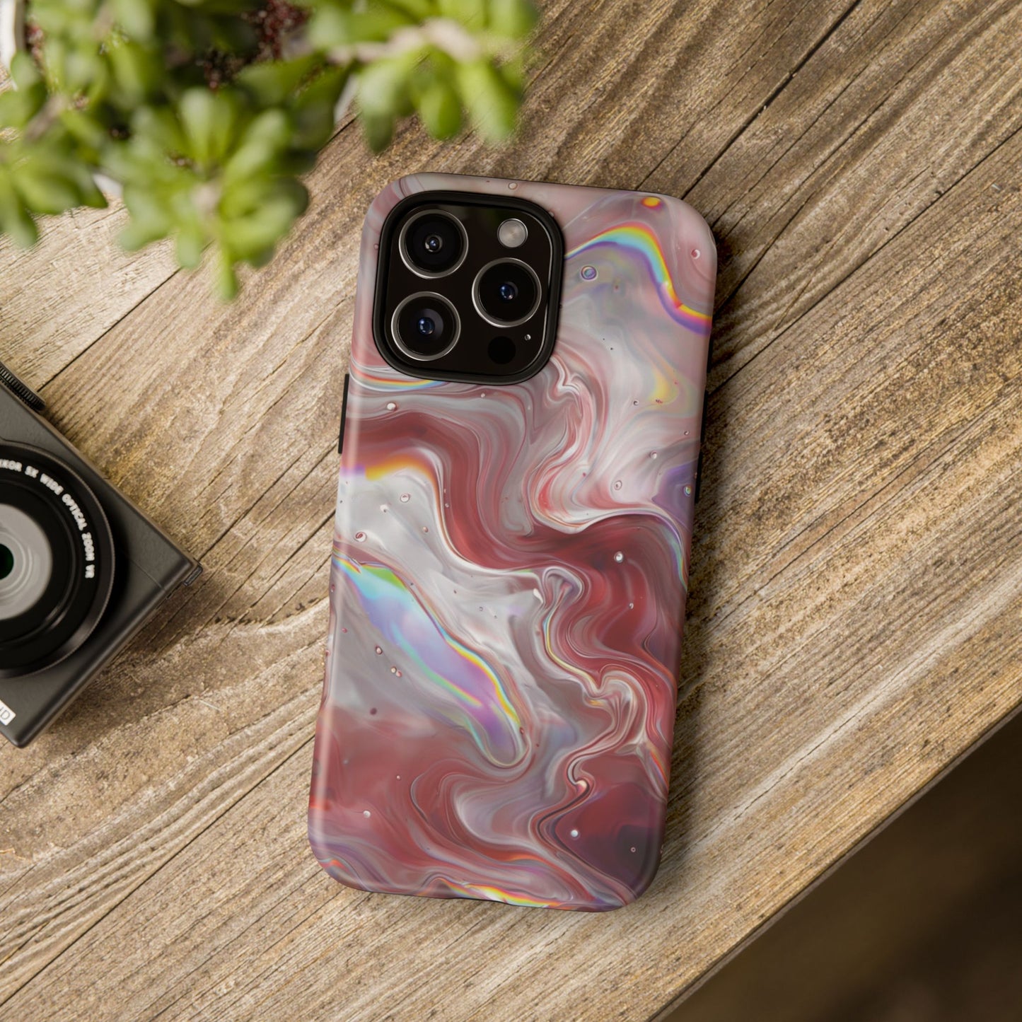 Abstract Swirl iPhone Case – Red & Holographic Marble Design - Durable & Stylish Cover