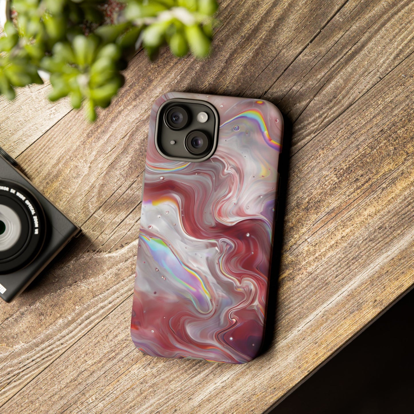 Abstract Swirl iPhone Case – Red & Holographic Marble Design - Durable & Stylish Cover