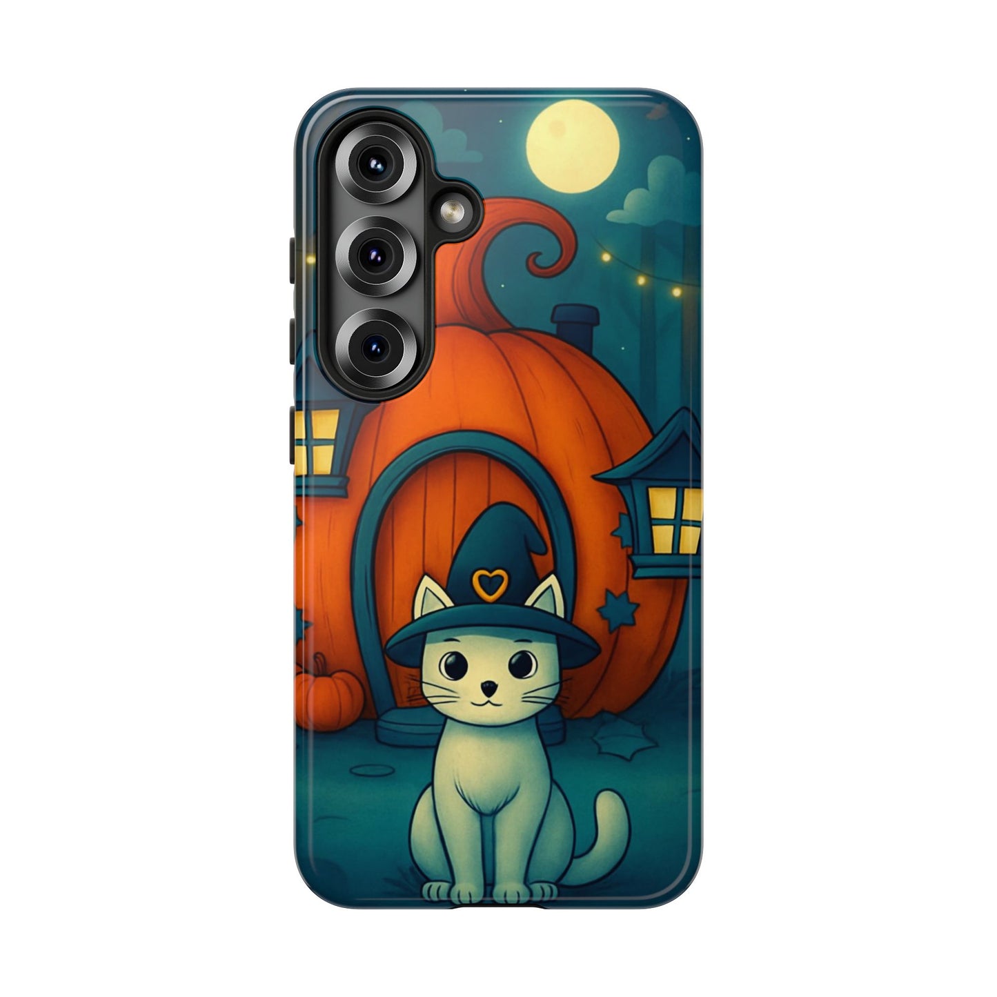 Spooky Halloween Cat Phone Case with Witch Hat and Pumpkin Design for iPhone and Android