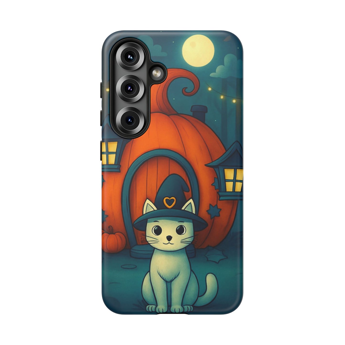 Spooky Halloween Cat Phone Case with Witch Hat and Pumpkin Design for iPhone and Android