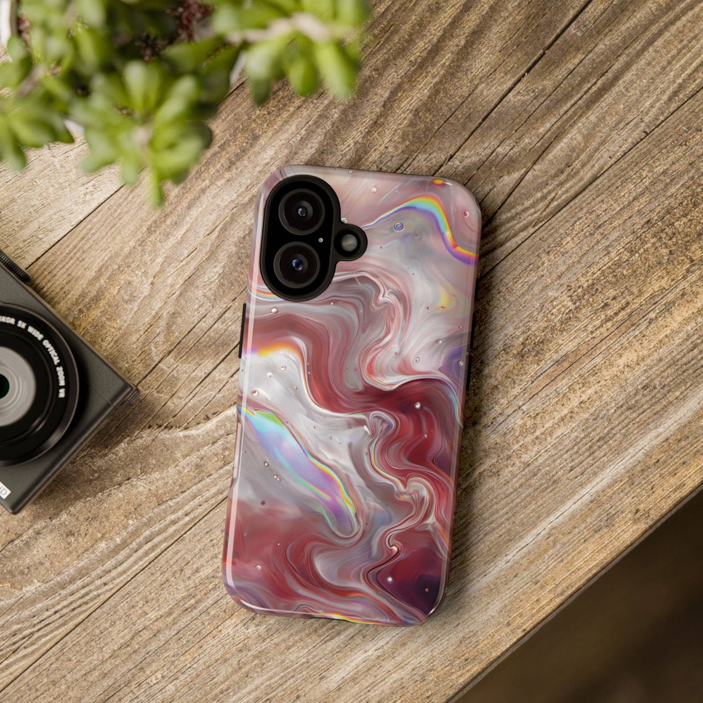 Abstract Swirl iPhone Case – Red & Holographic Marble Design - Durable & Stylish Cover