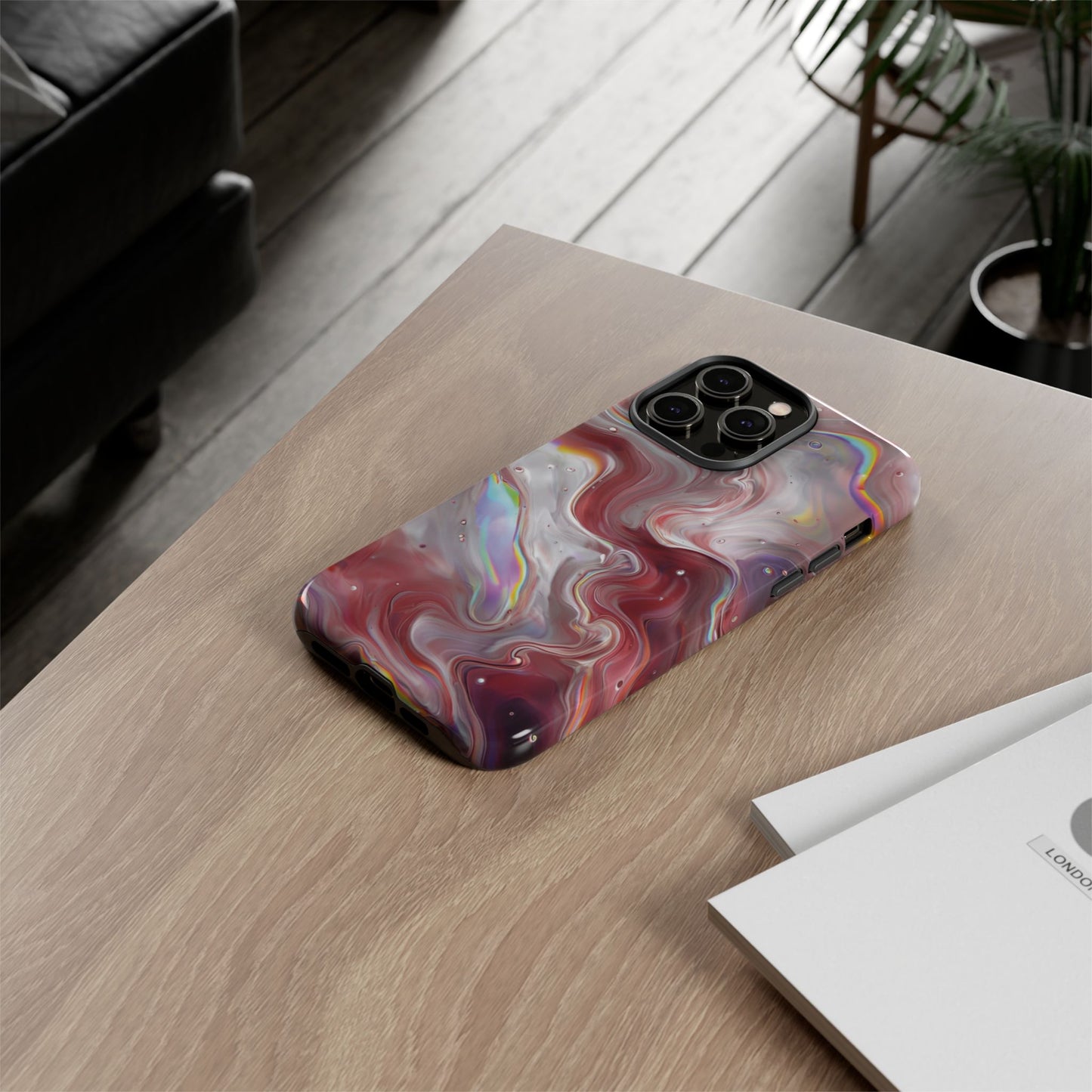 Abstract Swirl iPhone Case – Red & Holographic Marble Design - Durable & Stylish Cover