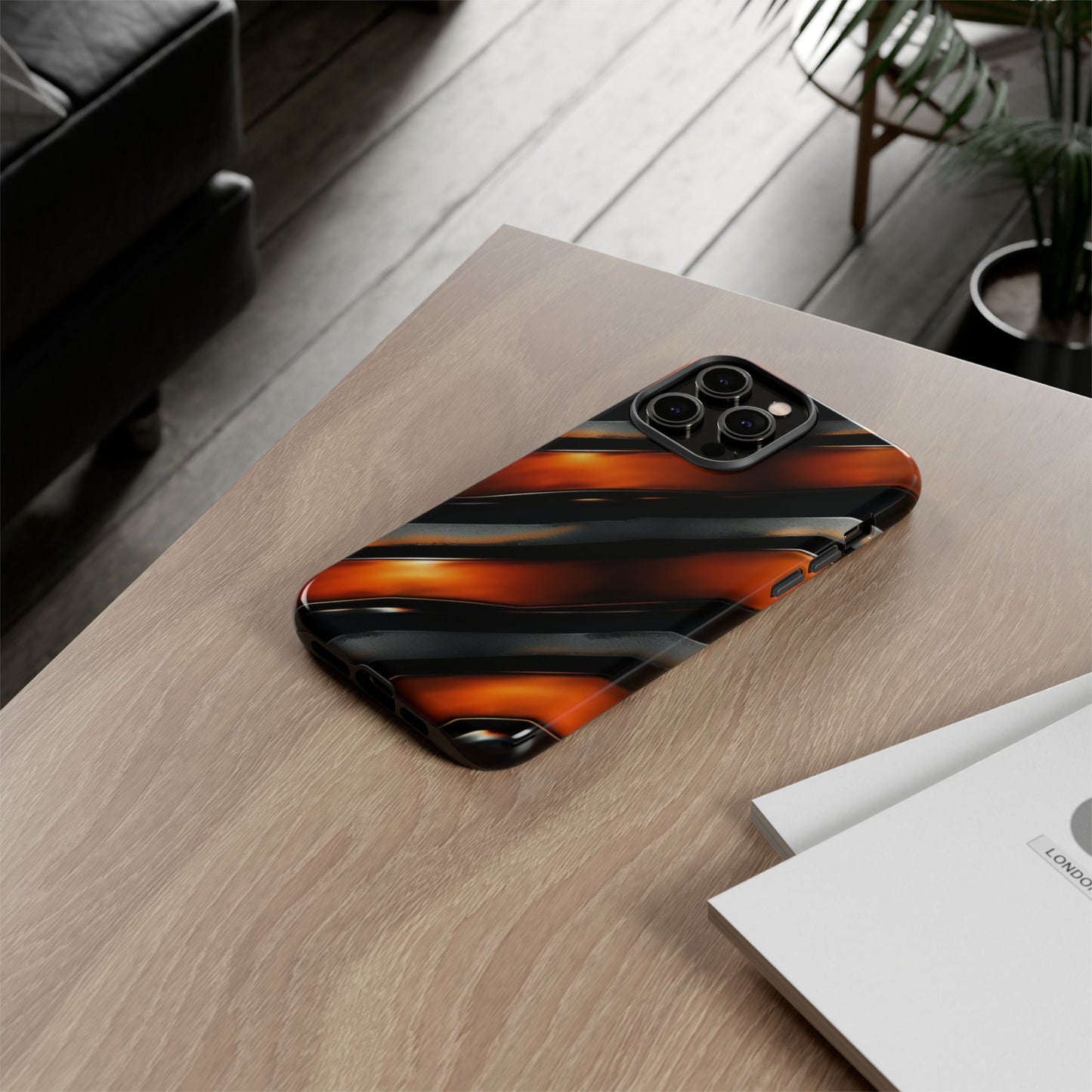 Abstract Phone Case – Black & Orange Tiger Stripe Design – Shockproof Cover