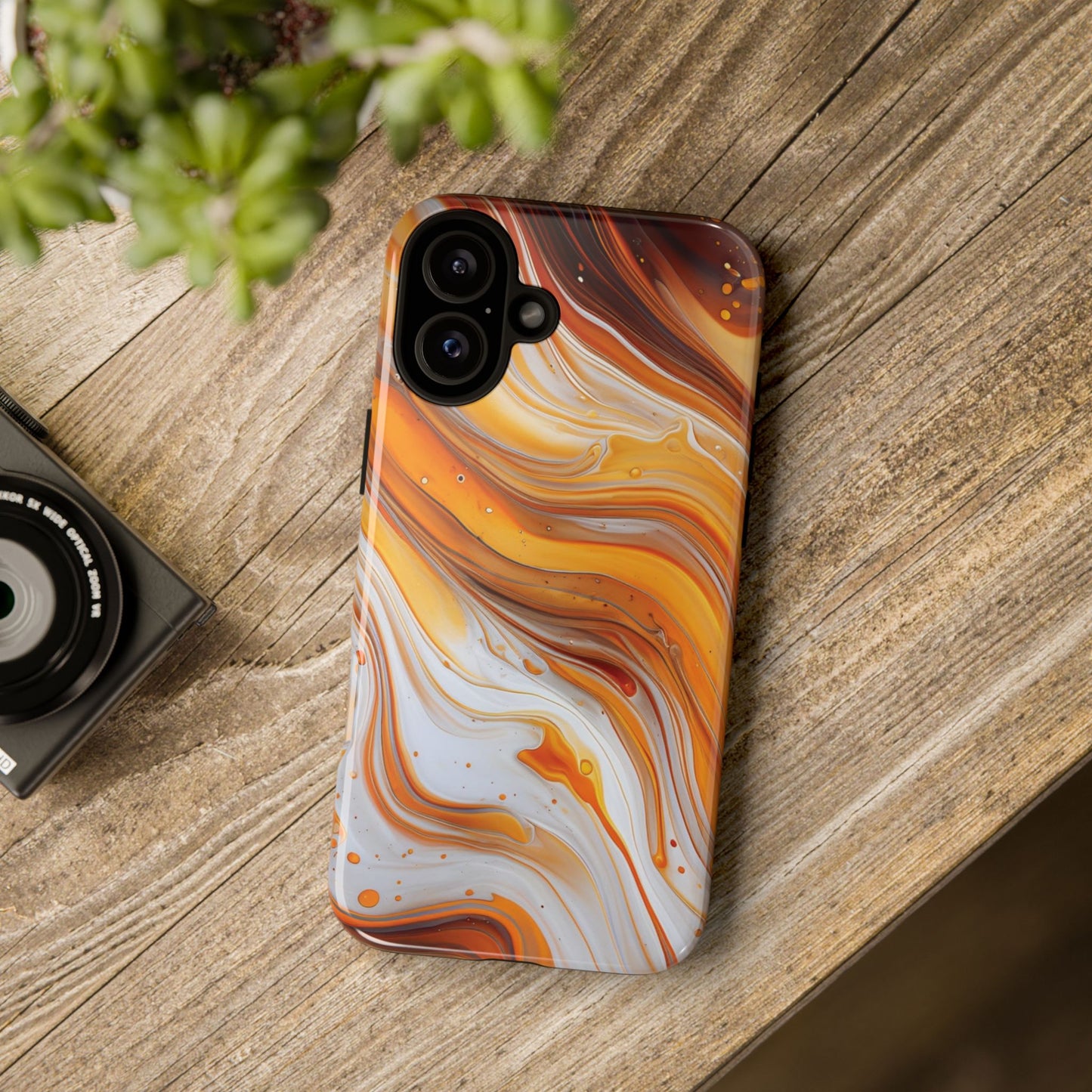 Artistic Swirl Phone Case – Orange, White & Brown Marble Texture