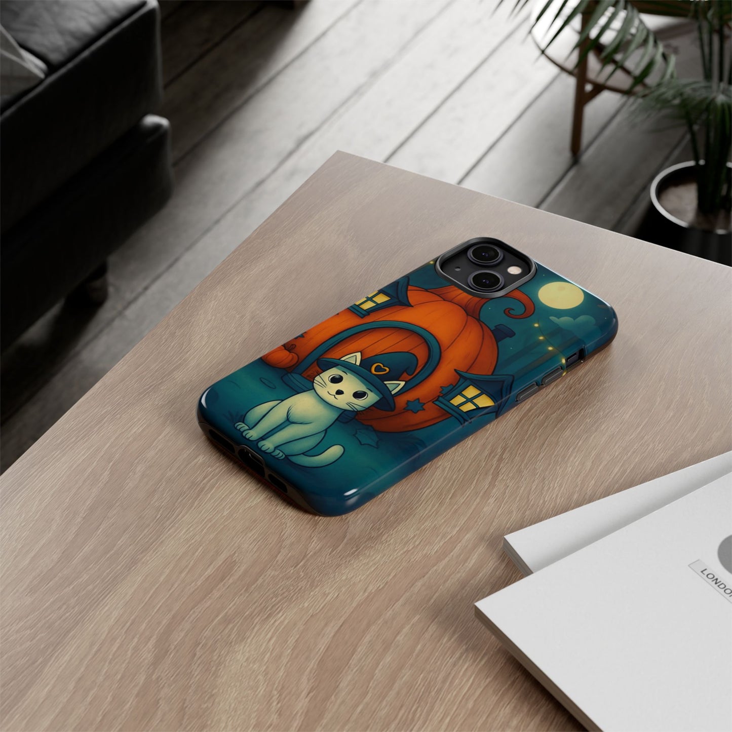Spooky Halloween Cat Phone Case with Witch Hat and Pumpkin Design for iPhone and Android