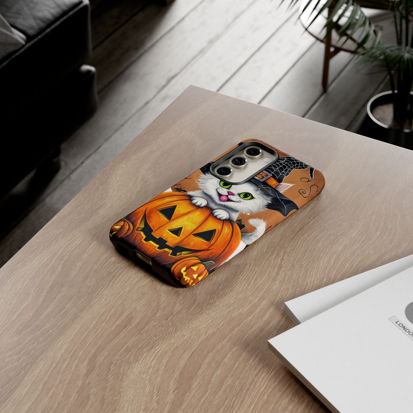 Halloween Cat Phone Case – Spooky Cute Cover with Witch Hat & Pumpkin Design