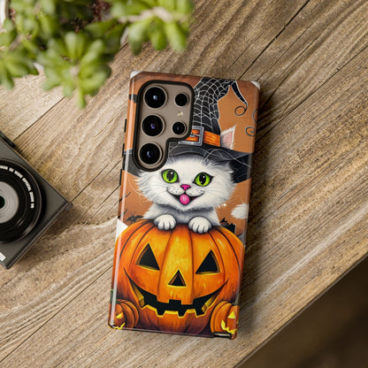Halloween Cat Phone Case – Spooky Cute Cover with Witch Hat & Pumpkin Design