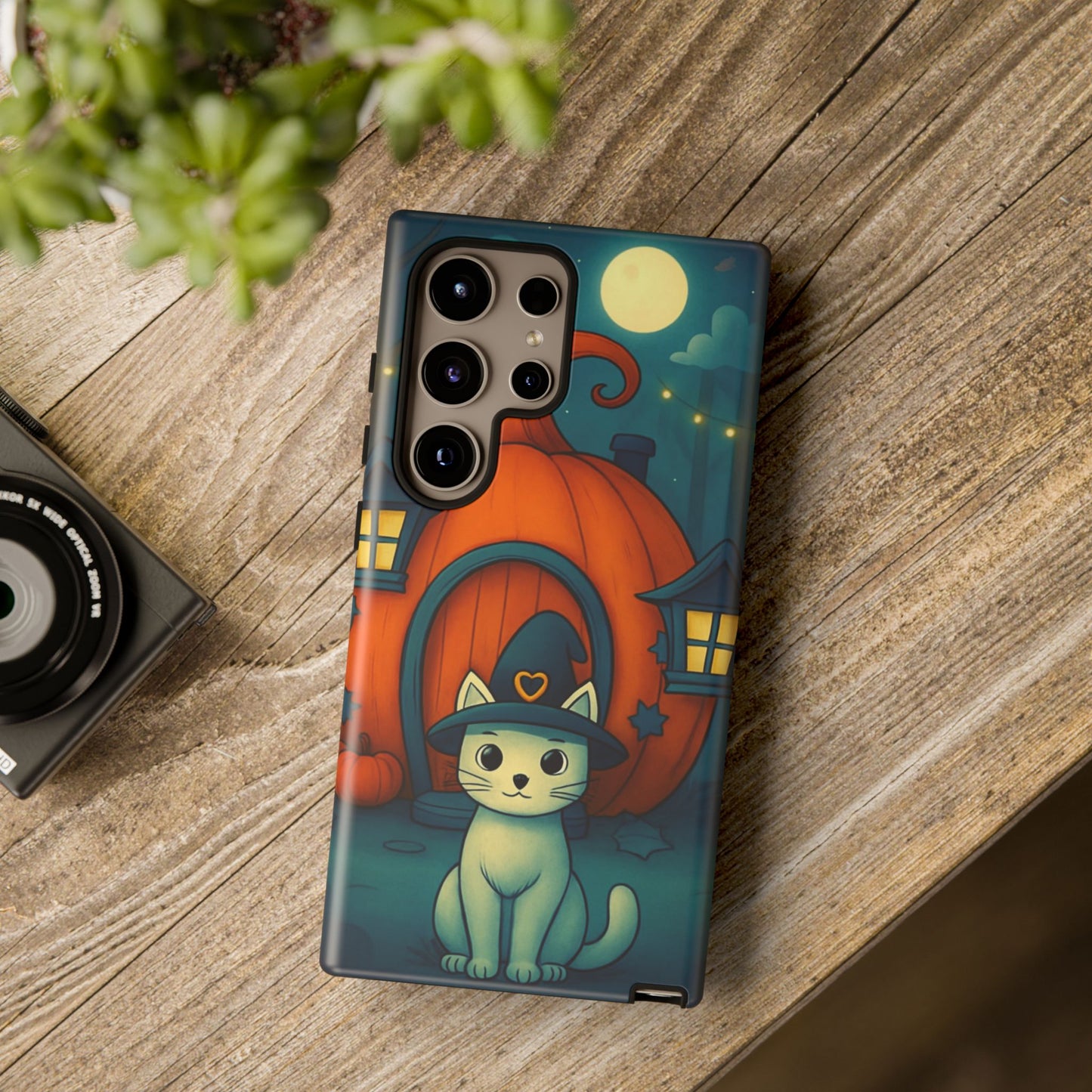 Spooky Halloween Cat Phone Case with Witch Hat and Pumpkin Design for iPhone and Android