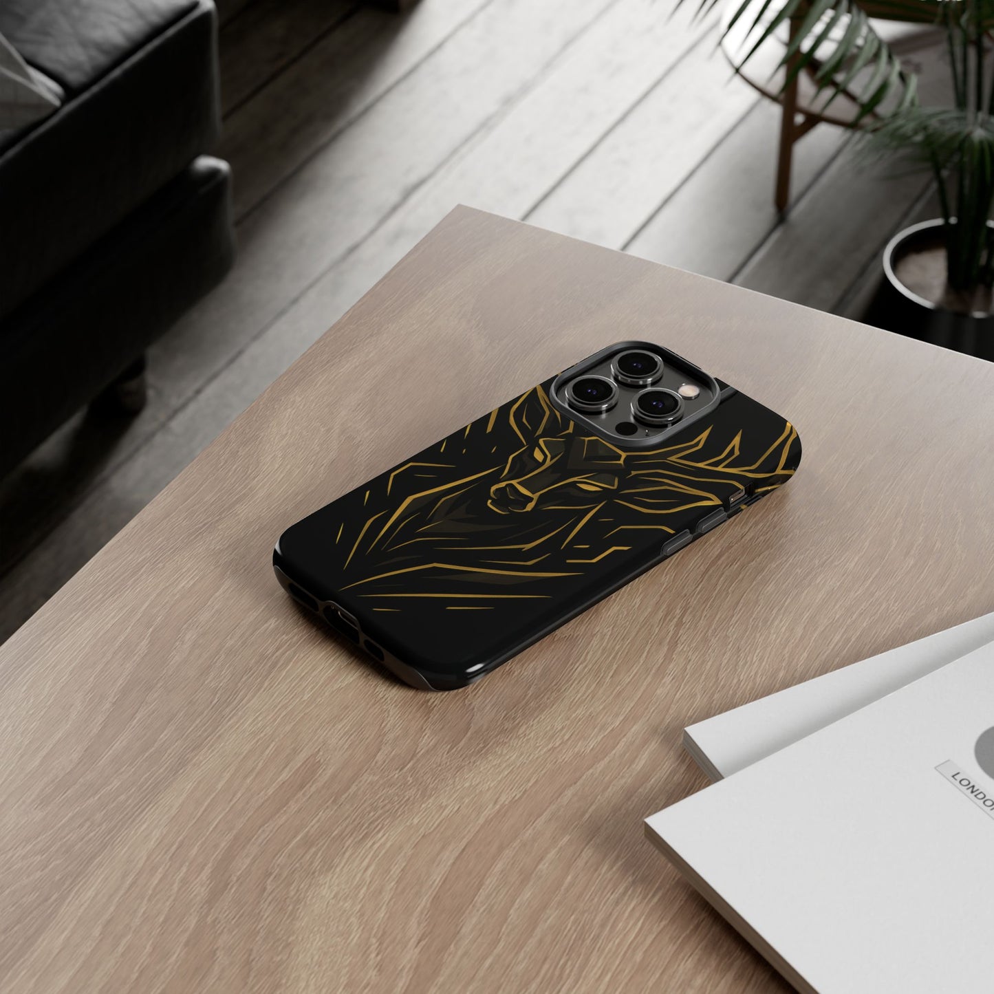 Phone Case with Black and Gold Deer Design – Elegant & Sophisticated Style