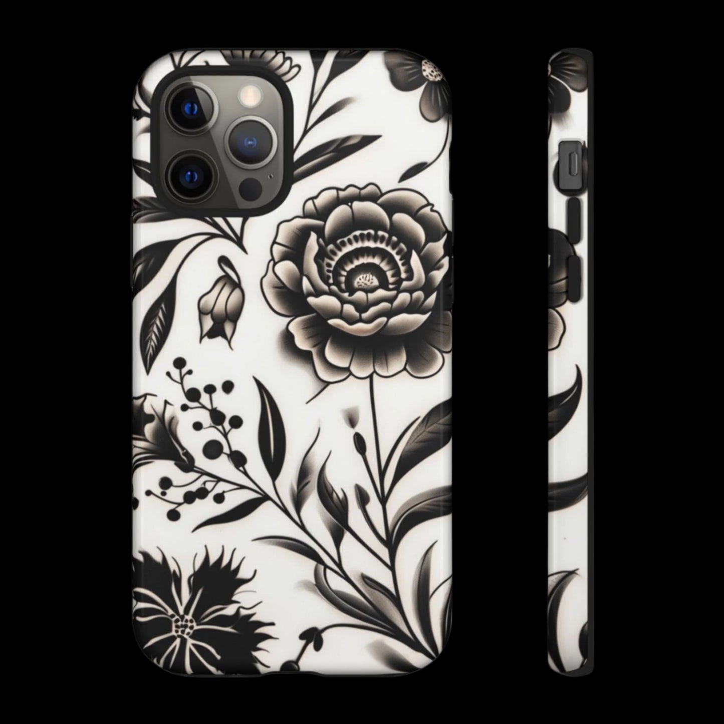 Phone Case Elegant Black and White Floral  – Stylish Protection for iPhone 12/16 and Samsung 22/25
