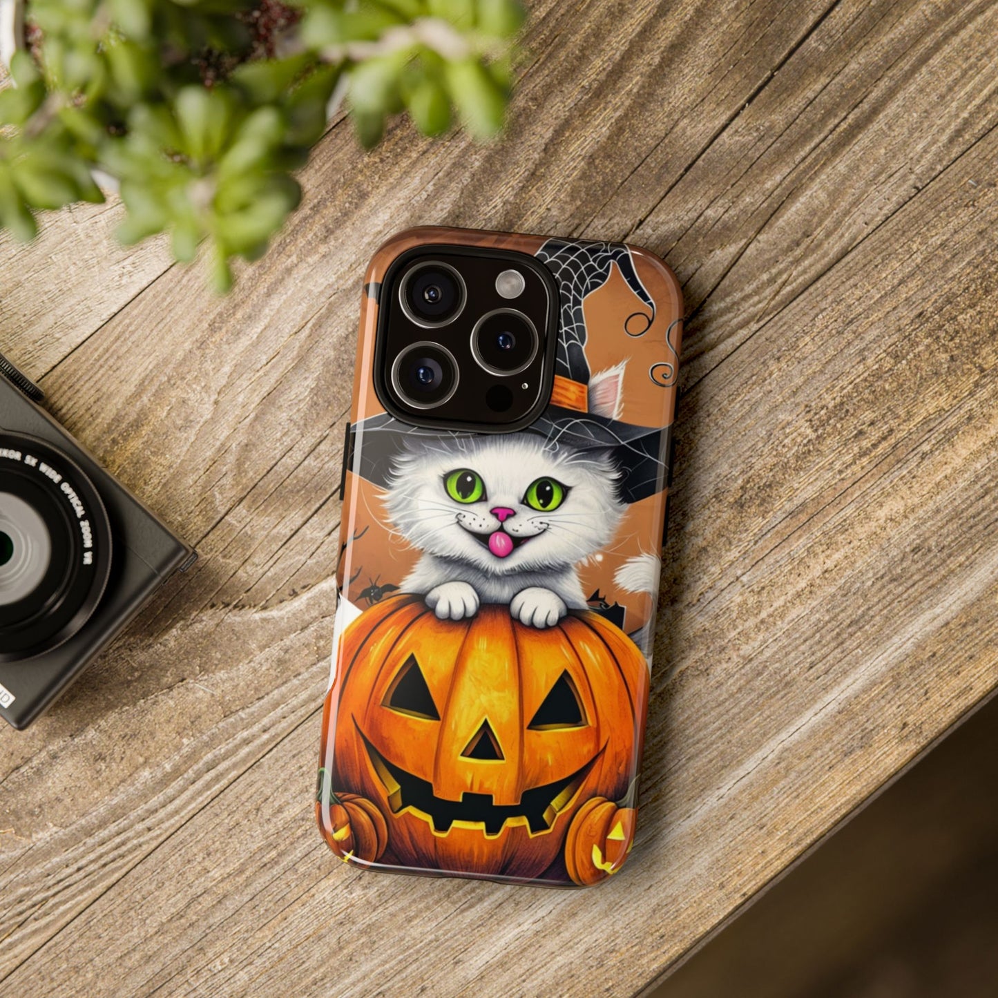 Halloween Cat Phone Case – Spooky Cute Cover with Witch Hat & Pumpkin Design