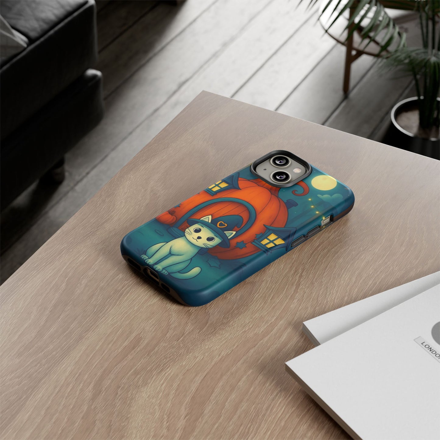 Spooky Halloween Cat Phone Case with Witch Hat and Pumpkin Design for iPhone and Android