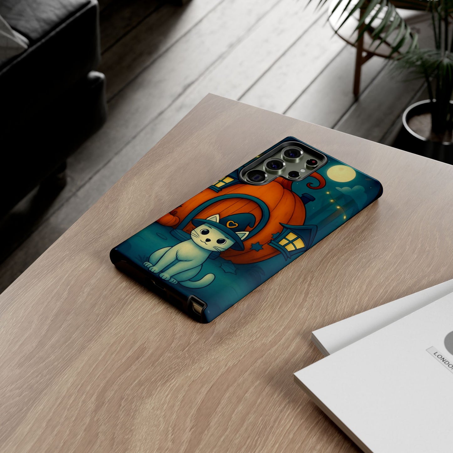 Spooky Halloween Cat Phone Case with Witch Hat and Pumpkin Design for iPhone and Android