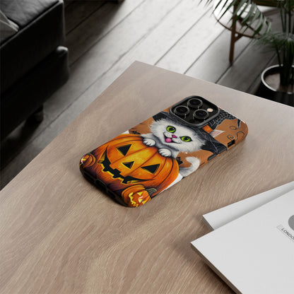Halloween Cat Phone Case – Spooky Cute Cover with Witch Hat & Pumpkin Design