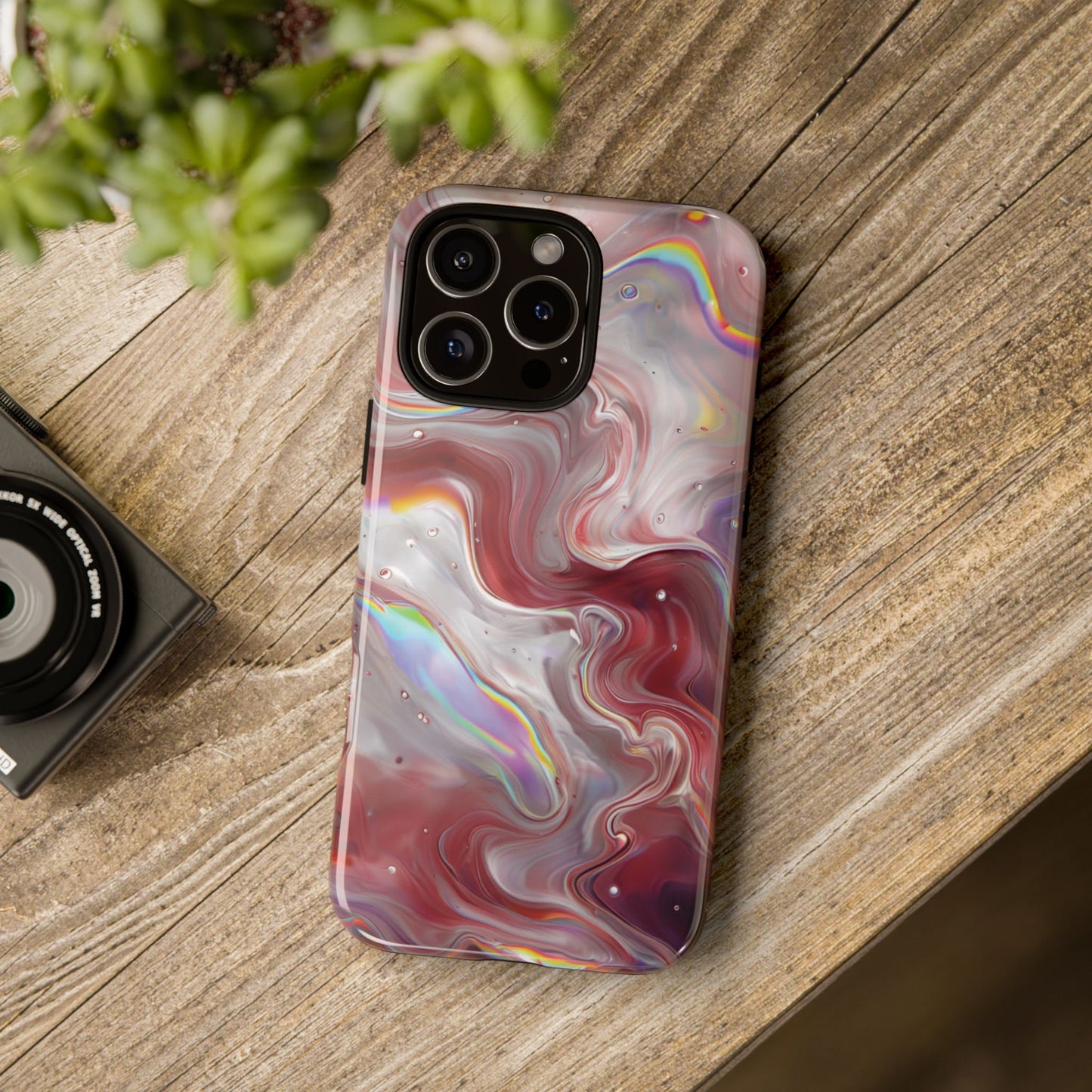 Abstract Swirl iPhone Case – Red & Holographic Marble Design - Durable & Stylish Cover