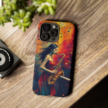 Phone Case Female Saxophonist – Elegant Jazz Illustration