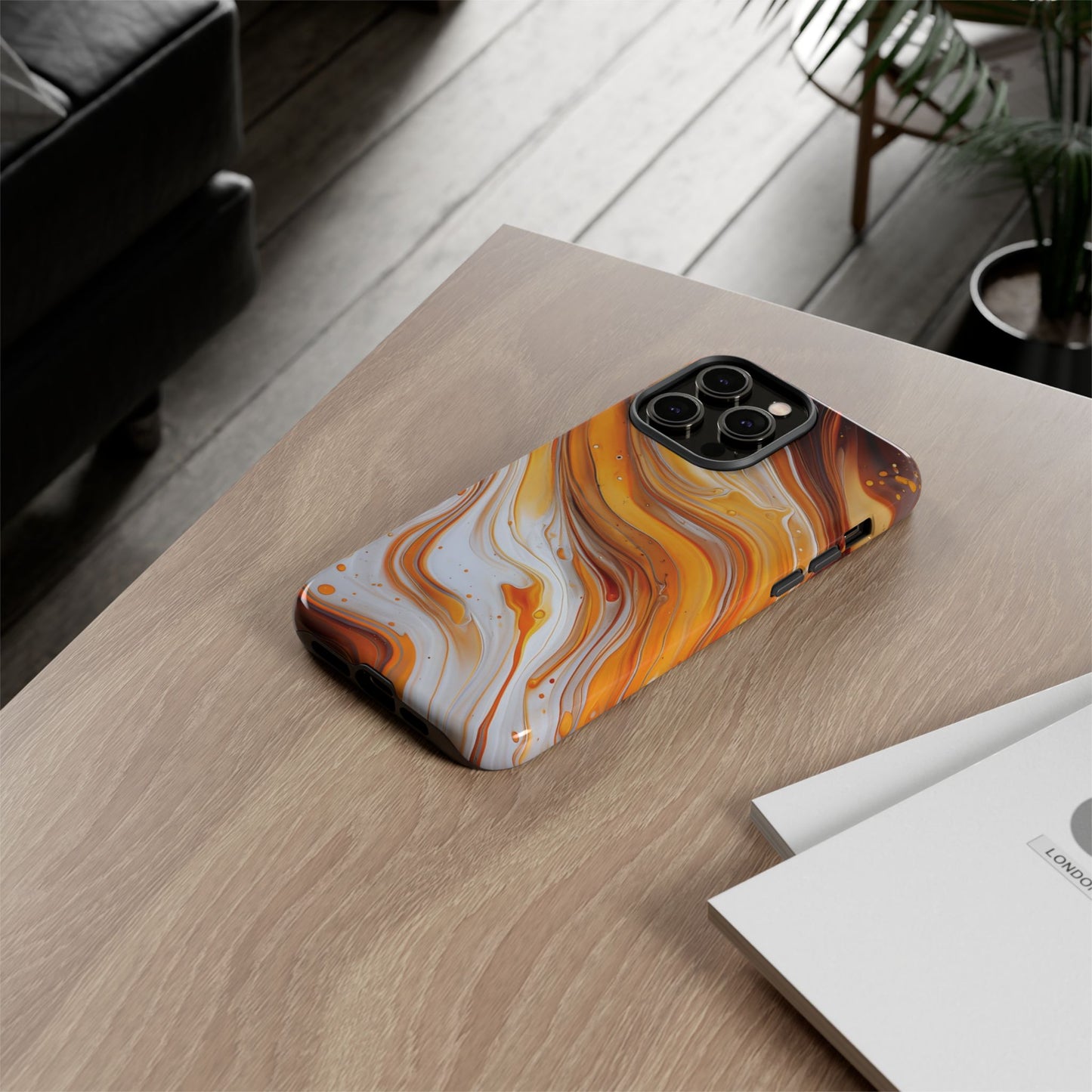 Artistic Swirl Phone Case – Orange, White & Brown Marble Texture