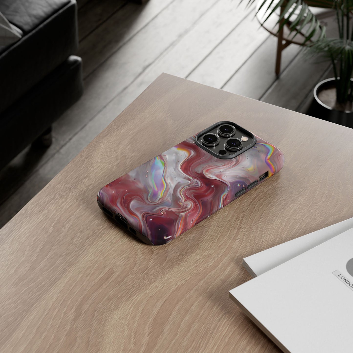 Abstract Swirl iPhone Case – Red & Holographic Marble Design - Durable & Stylish Cover