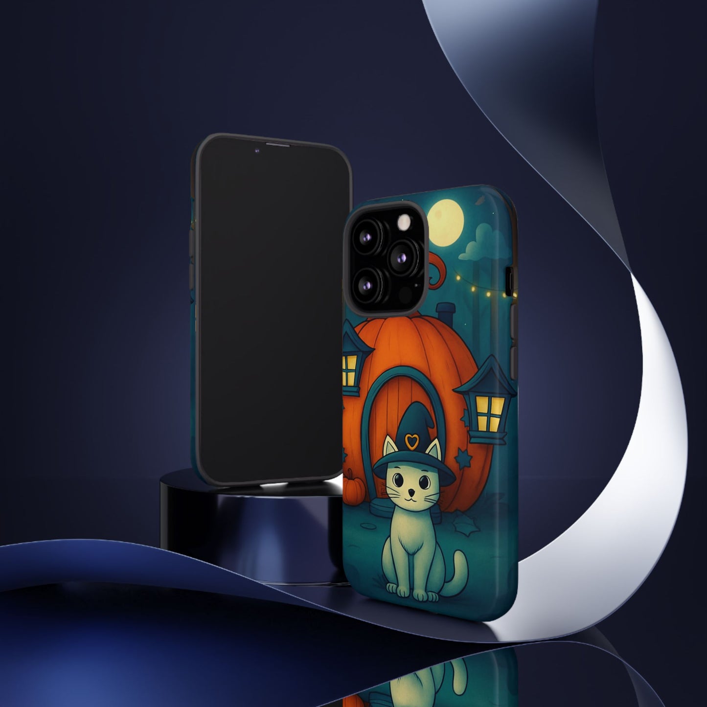 Spooky Halloween Cat Phone Case with Witch Hat and Pumpkin Design for iPhone and Android